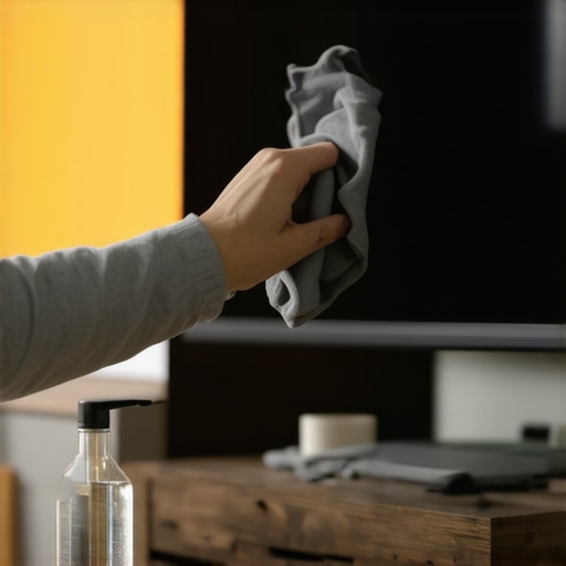 Close-up of cleaning an OLED screen with a microfiber cloth and distilled water.