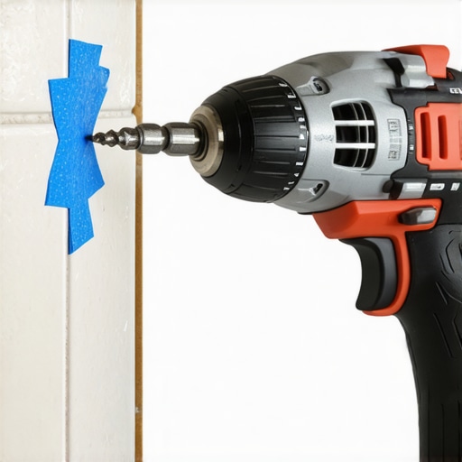 A drill bit entering a tile wall protected by blue tape with water lubrication.