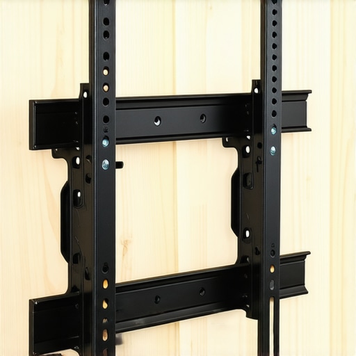 Close up of a steel TV wall mount being bolted into a wooden stud for safety.