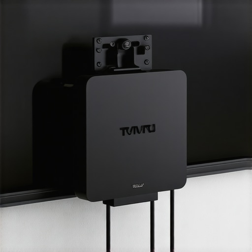 Secure streaming box mount behind TV Close-up of a streaming box mounted to the back of a TV with tidy cables