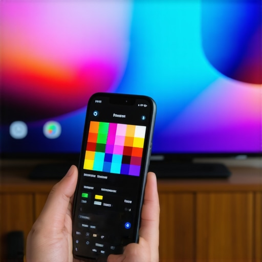 A user calibrating their OLED TV using a smartphone camera app for better color accuracy.