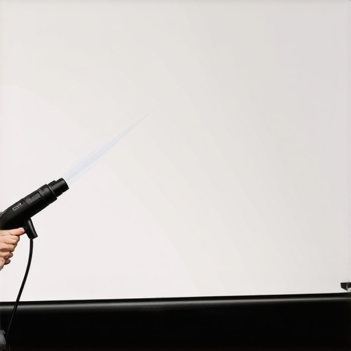 A person using a steamer on the back of a projector screen to remove creases.