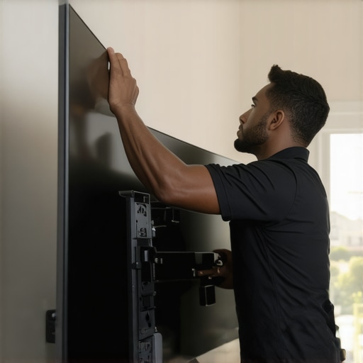 Solo TV Hook and Slide Technique Technique for mounting a large TV onto a wall bracket by yourself.