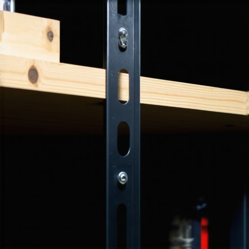 A steel L-bracket being used to reinforce a sagging wooden shelf for heavy home theater equipment.