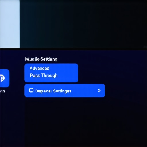 A TV menu showing the Digital Output Audio Format set to Pass-Through to eliminate audio lag.