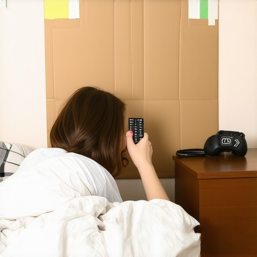 A homeowner using a cardboard template to find the perfect bedroom TV mounting height before drilling.