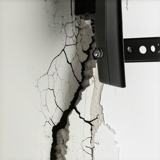 Close-up of a failing TV wall mount on cracked drywall due to using cheap plastic anchors.