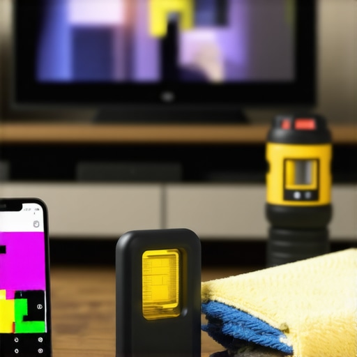 A smartphone, laser level, and cleaning tools used for maintaining high-end home displays.