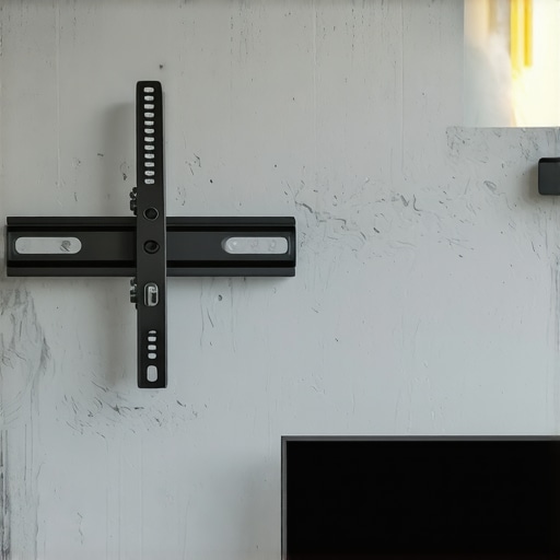Close-up of a TV mount bolted to a concrete wall showing hardware and thermal considerations.