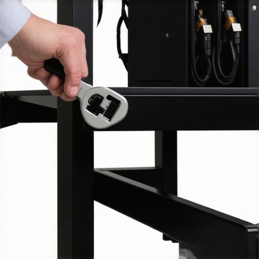 Tightening Hardware on a Mobile TV Cart Close up of person performing maintenance on a heavy duty TV rolling stand.