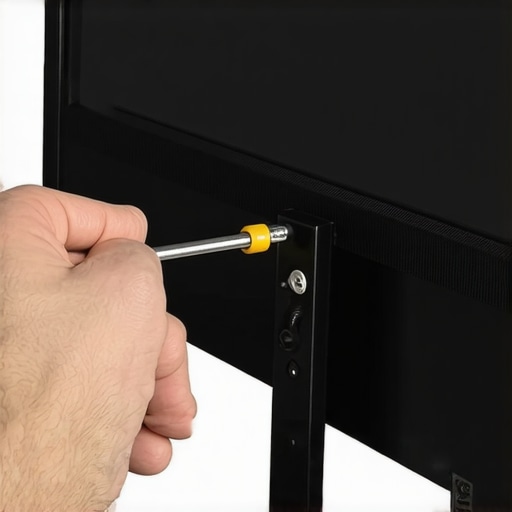 Tightening VESA screws with spacers Close up of person tightening VESA mount screws on the back of a TV with a manual screwdriver and spacers.