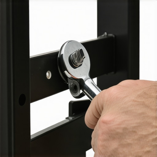 A hand using an Allen wrench to tighten a sagging TV wall mount joint.