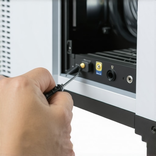 A hand securing the projector lamp cover to fix a blinking red light error