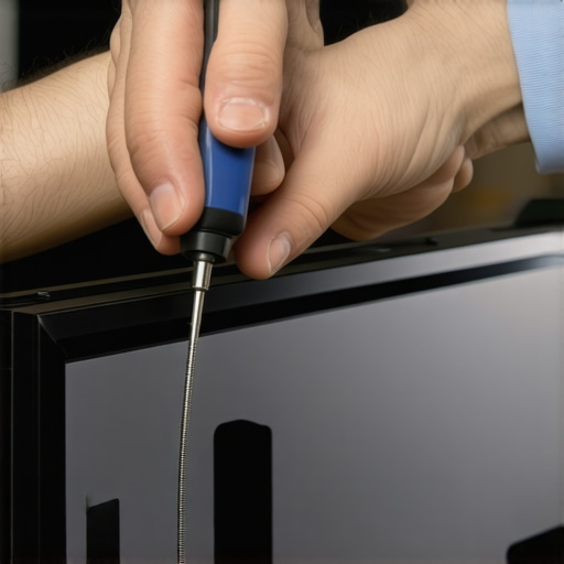 A technician using a torque screwdriver on a wall-mounted OLED TV