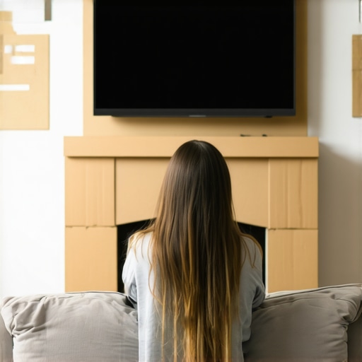 Person testing TV height with cardboard mockup on living room wall
