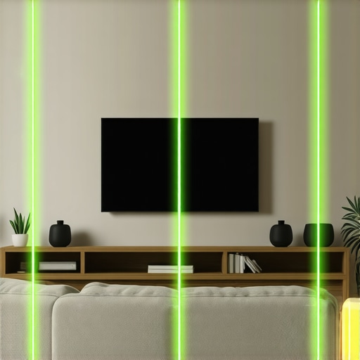 Using a Cross-Line Laser Level for TV Mounting A green laser level projecting a crosshair grid on a wall for precise home theater installation.