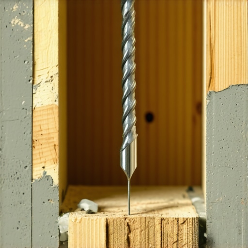 Flexible drill bit entering a wall to drill through a horizontal fire block stud.
