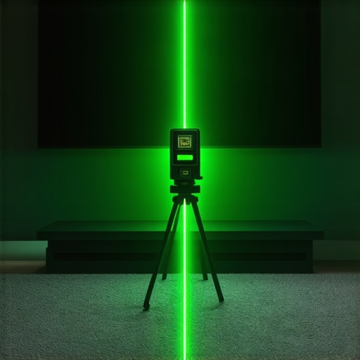 Using a Laser Level for Home Theater Maintenance A green laser level aligning a wall-mounted TV and soundbar.