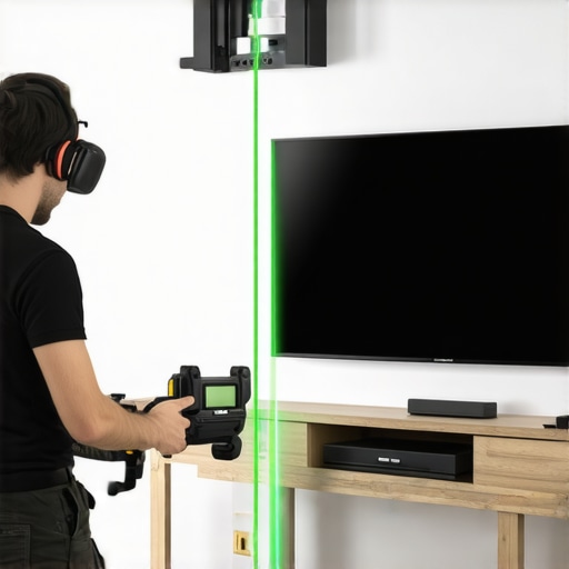 A green laser level projecting a cross-line on a large wall-mounted TV for precise installation.