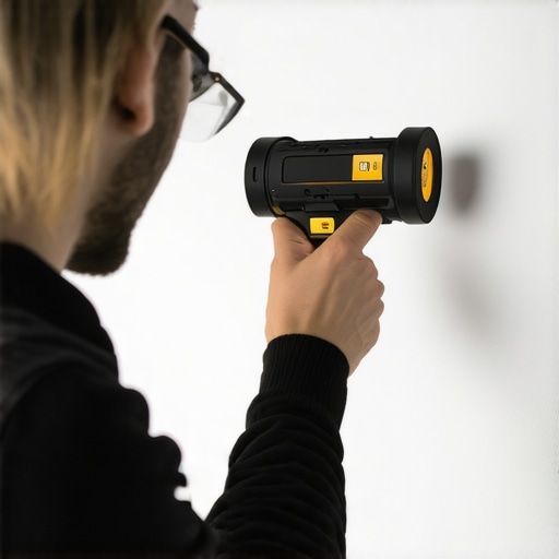 Using a Magnetic Stud Finder for Secure Mounting A magnetic stud finder being used on a wall for a TV mount setup.