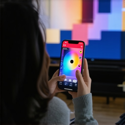 A person calibrating a large home display using a smartphone app for better color accuracy