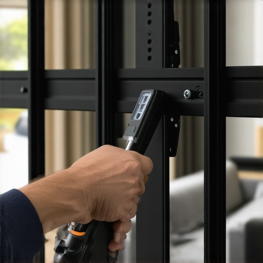 Using a Torque Wrench for TV Mount Maintenance Close up of a person performing maintenance on a TV wall mount bracket using a digital torque wrench.