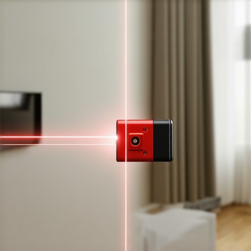 Using a laser level for perfect TV mounting A red laser level showing cross lines on a wall for mounting a television.