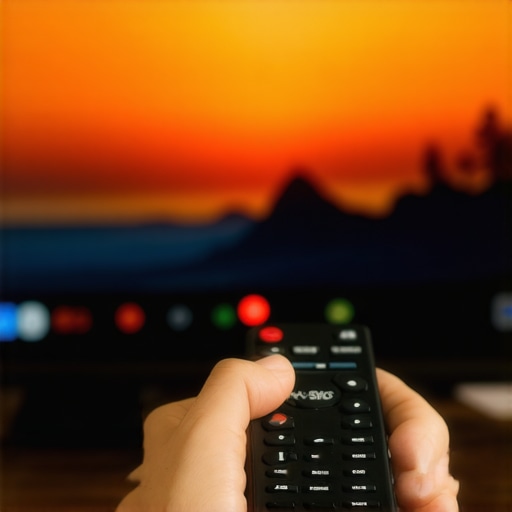 Adjusting A/V Sync Settings on a Modern TV A hand holding a remote pointing at a TV menu showing audio delay and A/V sync adjustment settings.