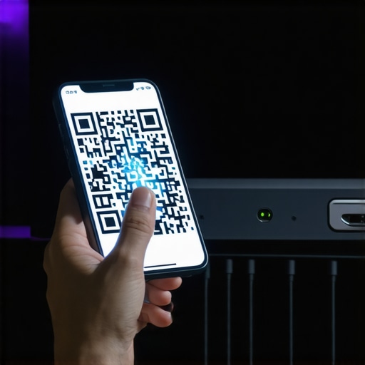 A person using a smartphone app to verify the authenticity of an HDMI 2.1 cable for a home theater.