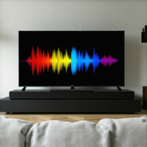 An illustration of audio and video waves aligning in a home theater setup.